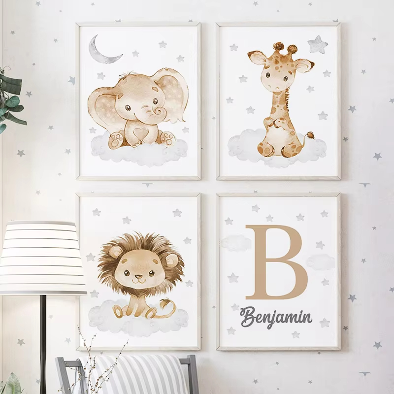 Baby Nursery Name Wall Art - Elephant Giraffe Lion Custom Baby Name