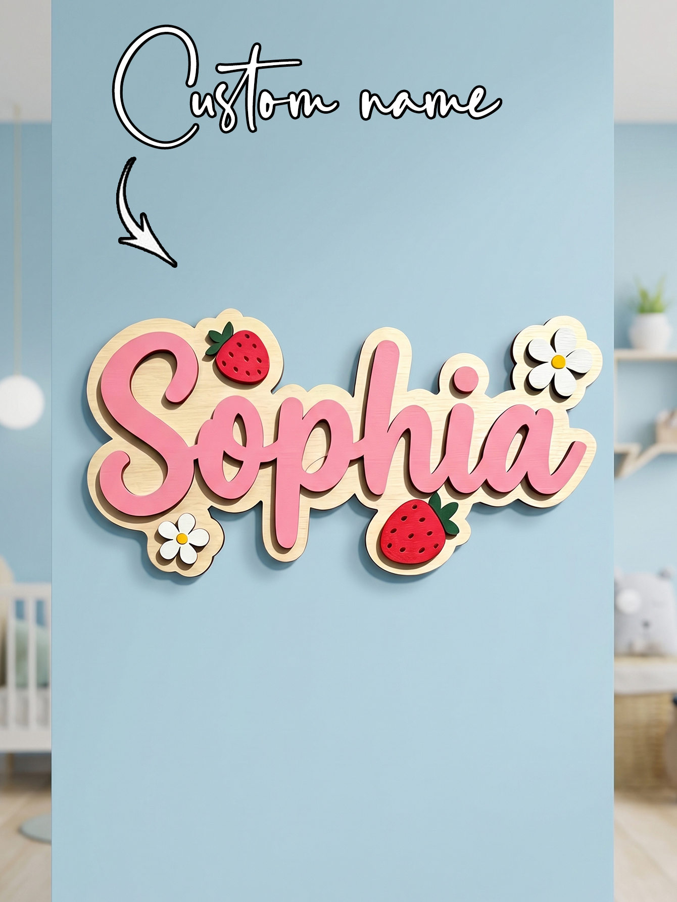 Baby Nursery Decorations - Custom Name Strawberry Daisy Wooden Name
