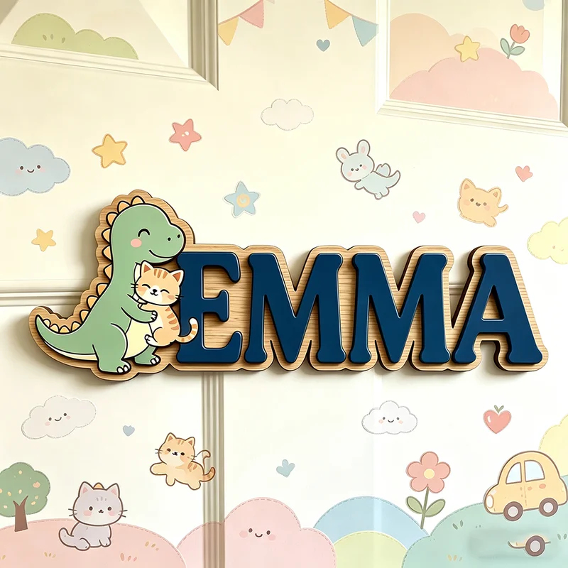 Cute Dinosaur Hugging Cat Cust - Baby Nursery Name Wall Art recensie en prijs