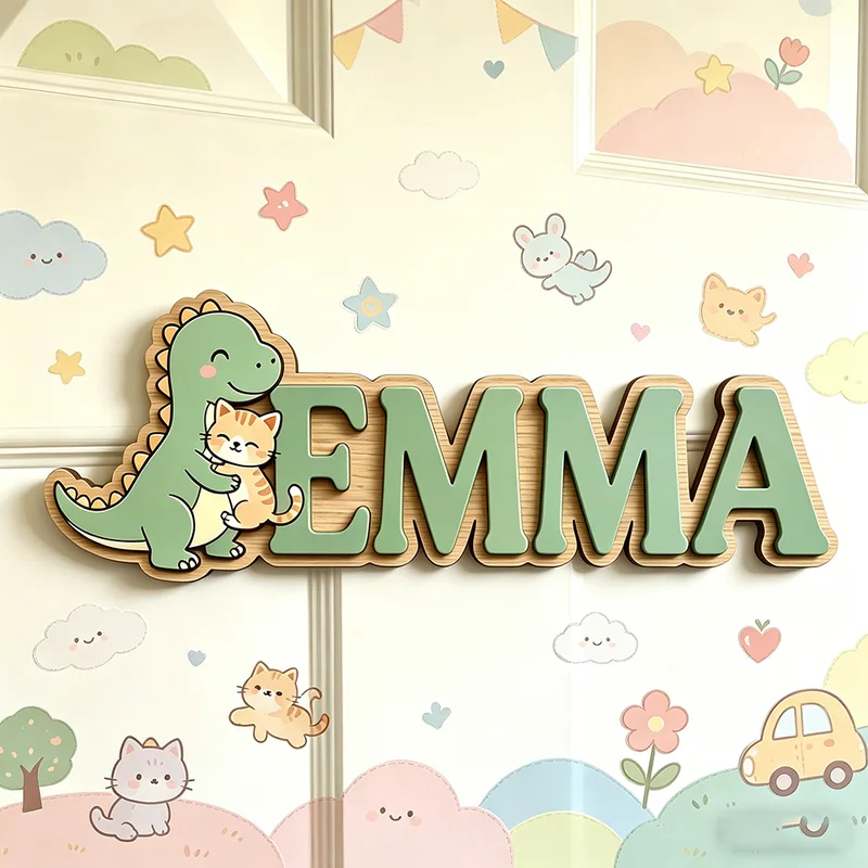 Cute Dinosaur Hugging Cat Cust - Baby Nursery Name Wall Art recensie en prijs