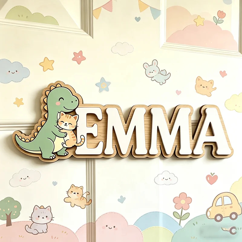 Cute Dinosaur Hugging Cat Cust - Baby Nursery Name Wall Art recensie en prijs