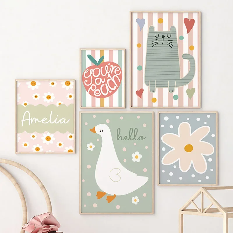Cartoon Cat Duck Bird Apple Cu - Baby Nursery Name Wall Art recensie en prijs