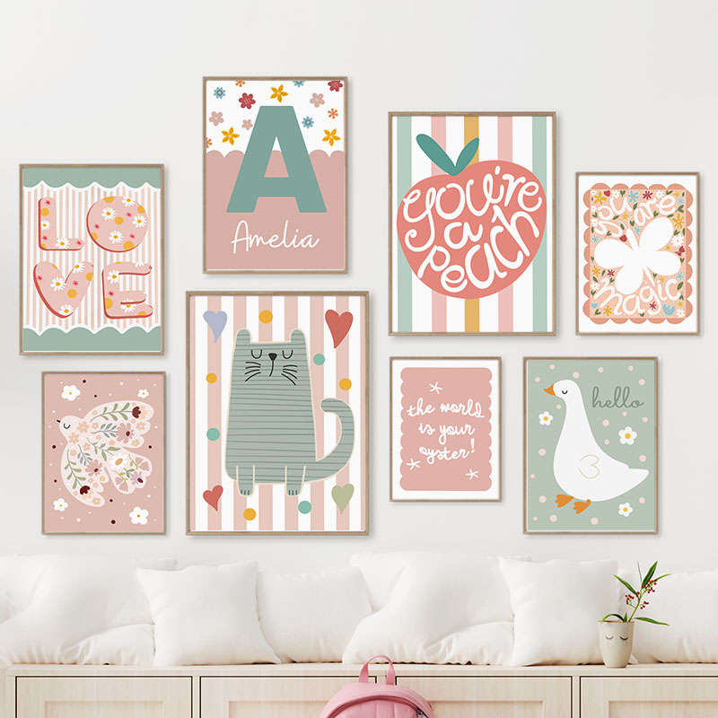 Cartoon Cat Duck Bird Apple Cu - Baby Nursery Name Wall Art recensie en prijs